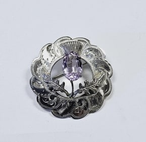 Scottish Sterling Silver Amethyst Etched Brooch Brooch weighs 12.8 Grams
