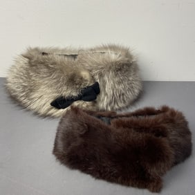 Two Fur Collars Fox and Mink Silver fox fur collar with black ribbon attachment, 30 1/2 inches long.