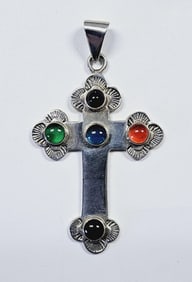 Sterling Silver Multi Gemstone Cross Pendant Cross weighs 13.8 Grams