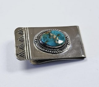 Vintage Nickel Silver Turquoise Money Clip Money Clip weighs 19.4 Grams