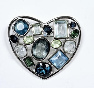 Vintage Swarovski Blue & Green Crystal Brooch Brooch is Silver tone