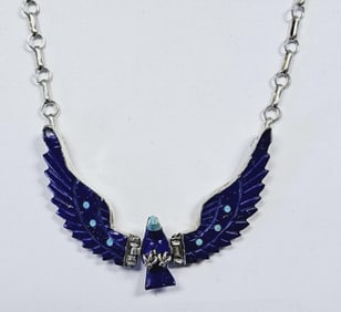 Native American .925 Carved Lapis Eagle Necklace Necklace weighs 16.5 Grams Measures 20"