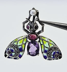 Sterling Amethyst Garnet Pearl Insect Brooch Pendant weighs 6.5 Grams