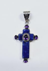D Troutman Sterling Silver Lapis Amethyst Cross Pendant weighs 16.1 Grams