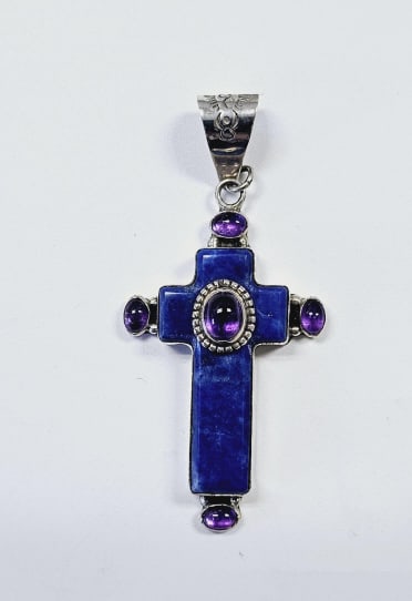 D Troutman Sterling Silver Lapis Amethyst Cross Pendant weighs 16.1 Grams (1 of 6)