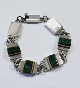 Sterling Silver Malachite Link Bracelet Bracelet weighs 32.7 Grams