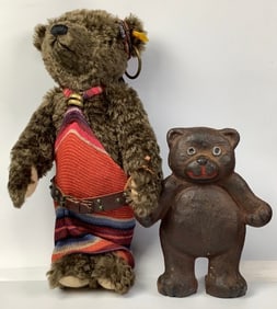 Steiff Ralph Lauren Gypsy Polo Bear #665431 #361 & Cast Iron Teddy Bear Door Stop