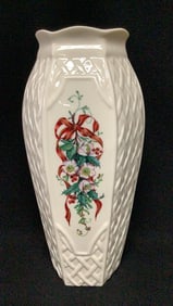 1999 Belleek Winter Rose Christmas Collection 10" Vase Blue Stamp No chips or cracks.