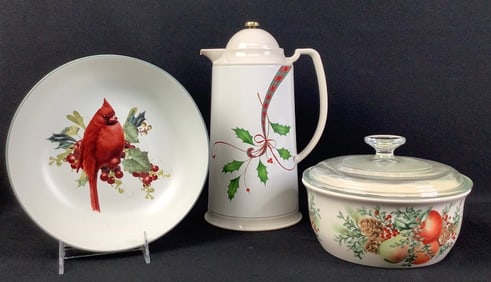 Lenox Winter Greetings Bowl Boxwood & Pine Covered Casserole & Thermal Carafe