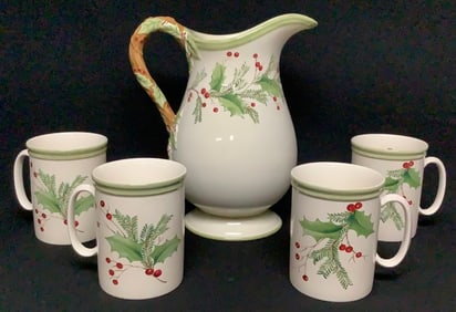 Lenox Holiday Gathering Carved Pitcher & Holiday Berry Mugs No chips or cracks Has boxes
