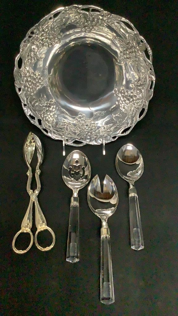 1995 Arthur Court Grape Motif Bowl & Towle & Gorham Serving Utensils: Gorham Serving Utensils Utensils are 9.5" & 10.5" Some tarnishing.