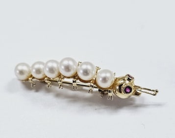 14K Yellow Gold Pearl Ruby Eyes Caterpillar Pin Brooch weighs 2.7 Grams