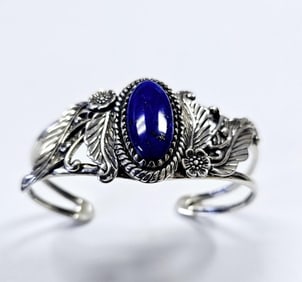 Sterling Silver Lapis Floral Leaf Cuff Bracelet Bracelet weighs 33.8 Grams