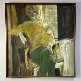 CJ Monteith Mid Century Oil Painting Portrait Portrait of a woman in yellow and green in frame.