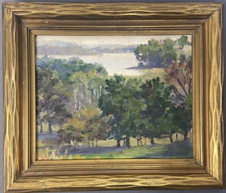 Landscape Oil Painting in Frame Oil painting of trees with a lake and mountains in the background.