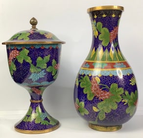 Chinese Cloisonne Vase & Chalice Covered Jar There is something in the bottom of the vase, feels
