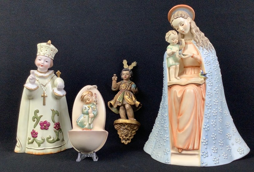 Napco Infant of Prague SH480 1949 Hummel Font 1949 #207, Young Jesus & Hummel The Madonna & Child: 1949 #207, Young Jesus & Hummel The Madonna & Child #10 lll. Crazing is present on the font. Young Jesus is missing a piece on his head. The Madonna Hummel has crazing present & a small chip on the bo