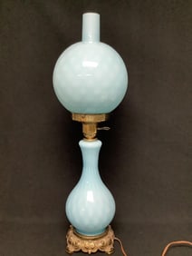 Vintage Blue Glass Double Light Parlor Lamp Screws are rusty & some corrosion on the metal.
