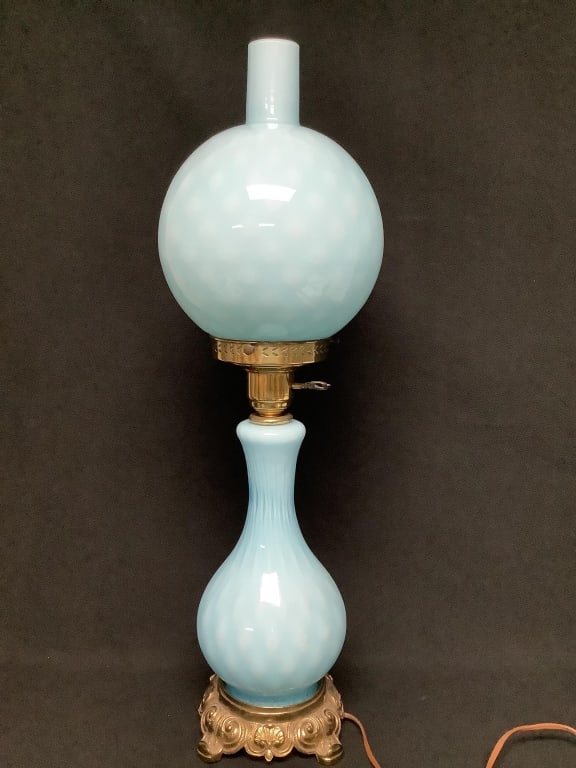 Vintage Blue Glass Double Light Parlor Lamp Screws are rusty & some corrosion on the metal. (1 of 11)