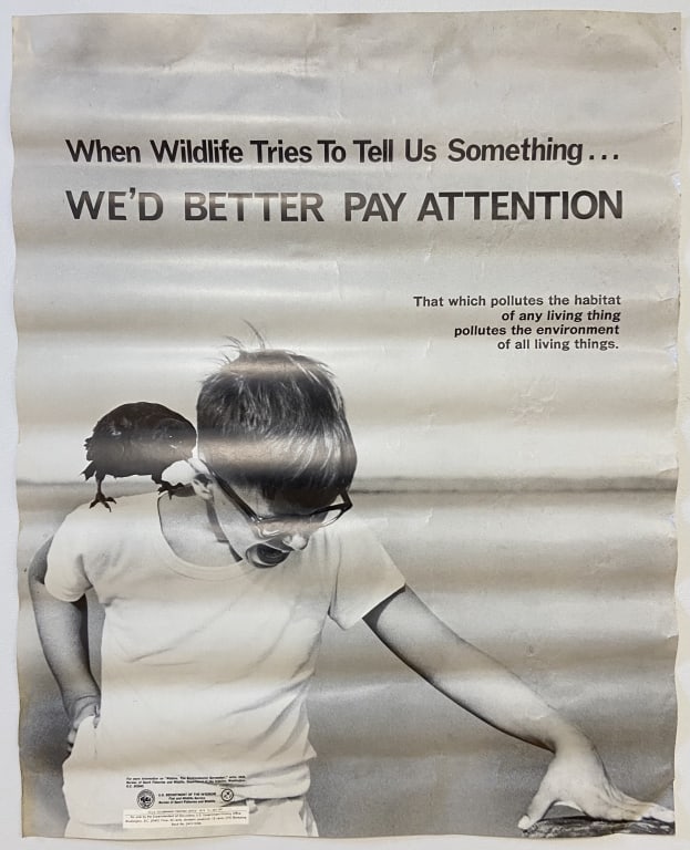 1973 Environmental Dept of Interior Poster Poster featuring a crow nibbling on a boy's ear. On the: Poster featuring a crow nibbling on a boy's ear. On the top it says "When Wildlife Tries to Tell Us Something We'd Better Pay Attention. Marked Dept of Interior Fish and Wildlife Service 1973 0-501-39