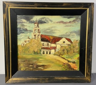 Mission Church Oil Painting in Frame Oil painting of a mission style church in a black and gold