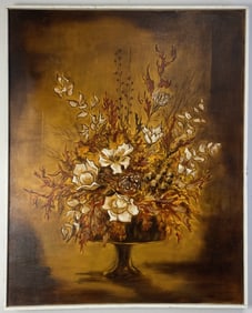 JJ Mortimer Floral Oil Painting in Frame Oil painting of flowers in browns and whites. Signed JJ