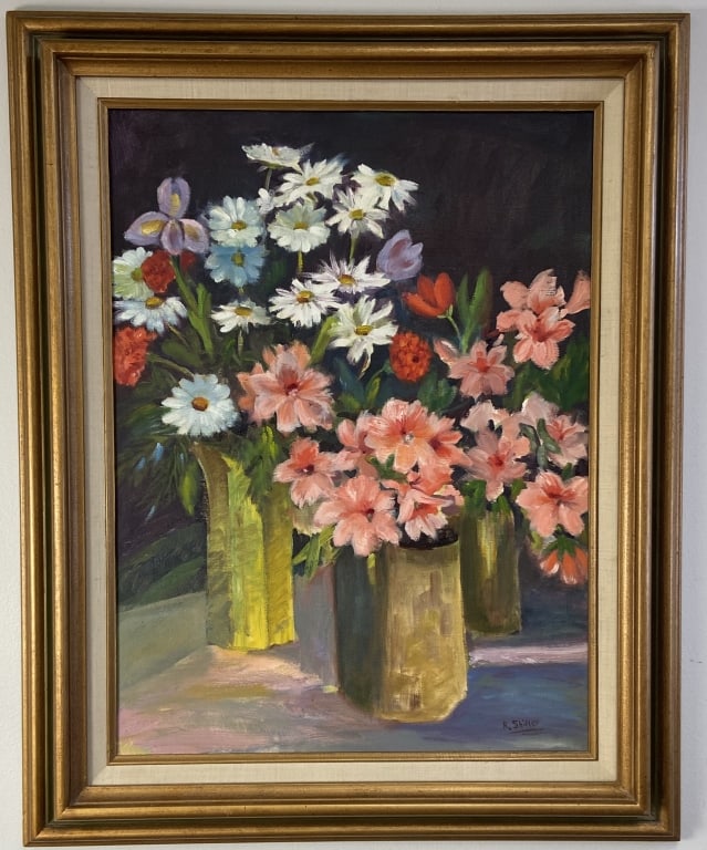 Ruth Shiller Daisy Floral Oil Painting in Frame Oil painting on canvas of white and pink daisies and: Oil painting on canvas of white and pink daisies and tulips. Signed R. Shiller. Artwork with frame is 24 3/4 X 31 inches in size.