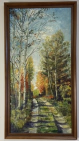 Ruth Shiller Autumn Road Oil Painting in Frame Oil painting of an unpaved road beside white bitches