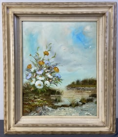 Seascape Oil Painting in Frame signed Thompson Painting of a beach with flowers and seagulls, signed