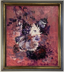 Abstract Floral Oil Painting in Frame Pairing of flowers in whites, pinks and purples, unsigned.