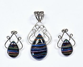 Sterling Rainbow Calsilca Pendant & Earrings Jay King