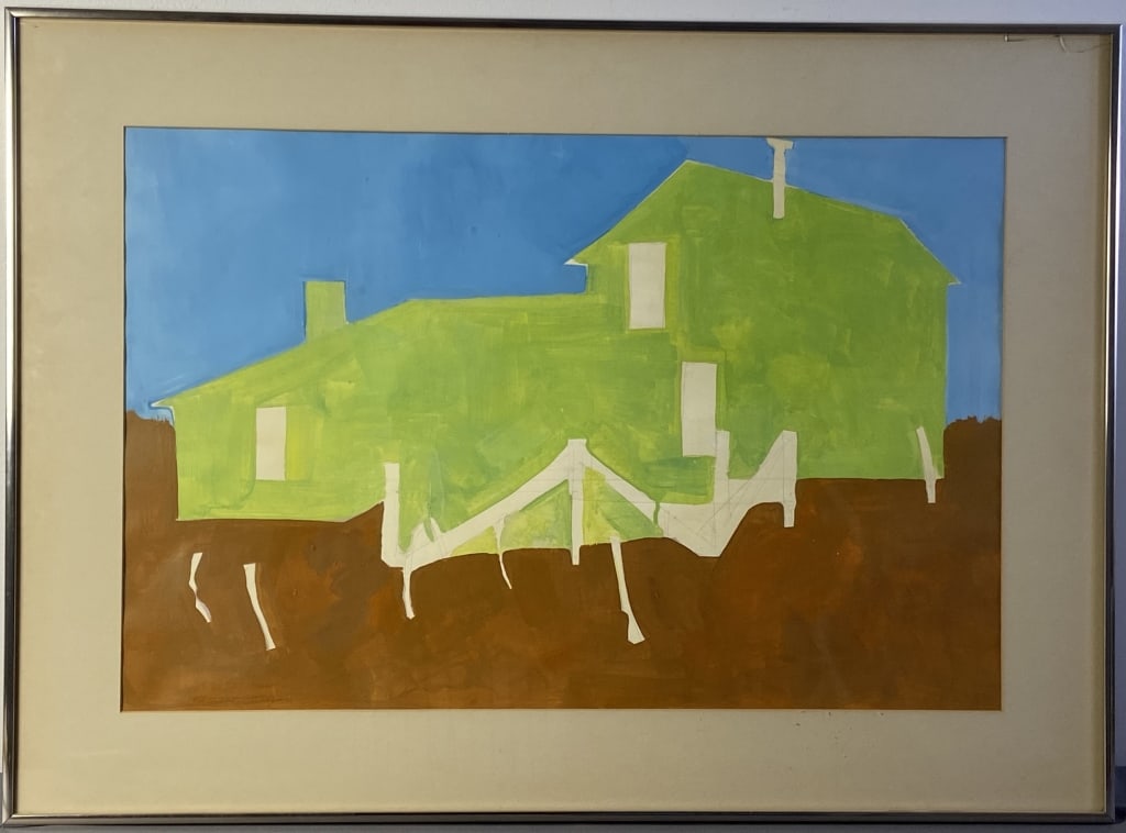 Architectural Contemporary Painting in Frame Painting of a house in acrylic paints, color blocking (1 of 6)