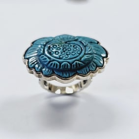 Amy Kahn Russell Sterling Carved Turquoise Ring Ring weighs 14.9 Grams Size 8.5