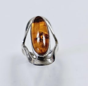Sterling Silver Modernist Amber Ring Ring weighs 10.5 Grams Size 9
