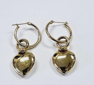 14K Yellow Gold Puffy Heart Hoop Earrings Earrings weigh 5.6 Grams