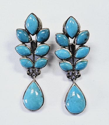 Sterling Silver Leaf Motif Turquoise Drop Earrings Earrings weigh 11.1 Grams (1 of 6)