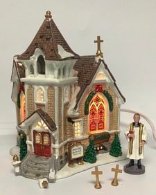 Lemax Porcelain Lighted Village Church 2 of the crosses & a trim piece needs to be reattached.