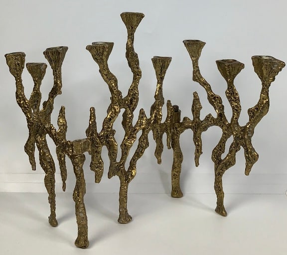 1960s Brutalist Hinged Brass Menorah Did clean it up some but could use further: Did clean it up some but could use further cleaning. 13" fully extended. Please see images for details regarding condition.