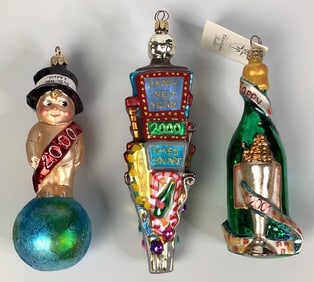 Christopher Radko 2000 New Years Baby Times Square & 2001 Champagne Bottle