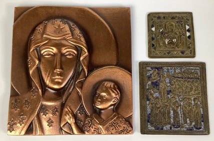 Copper Madonna & Jesus & Bronze Orthodox Icon Plaques