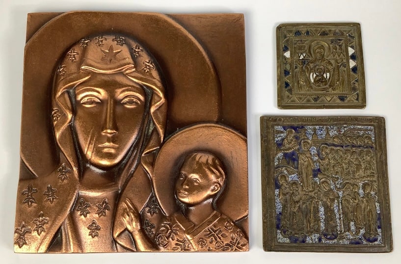 Copper Madonna & Jesus & Bronze Orthodox Icon Plaques (1 of 8)