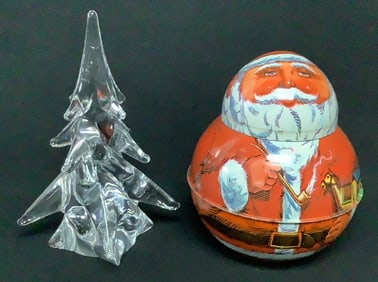 Toscany Crystal Tree & Cheinco Roly Poly Tin Santa Small chip on the base of the