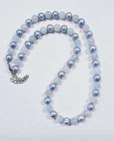 Sterling Silver Ring Pearl & Lace Agate Necklace Necklace weighs 46.7 Grams Measures 18"