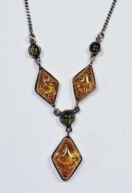 Sterling Silver Multi-Color Amber Drop Necklace Necklace weighs 9.6 Grams Measures 20"