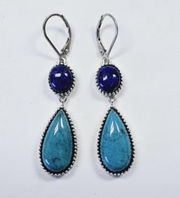 Sterling Silver Lapis & Turquoise Dangle Earrings Earrings weigh 8.6 Grams