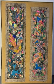 Mid Century Mexican Bark Paintings in Frame Two bark paintings featuring brightly colored animals.