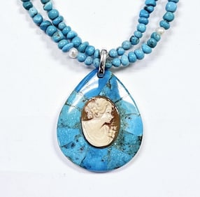 Sterling Amedeo Turquoise & Pearl Cameo Necklace Necklace weighs 59.6 Grams Measures 20"