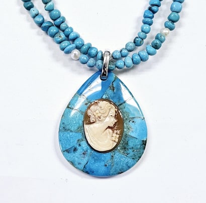 Sterling Amedeo Turquoise & Pearl Cameo Necklace Necklace weighs 59.6 Grams Measures 20": Necklace weighs 59.6 Grams Measures 20"