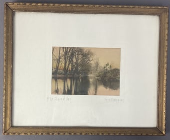 Fred Thompson Hand Colored Photograph in Frame Landscape photograph of a small river at sunset, hand
