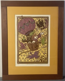 Mary Hamilton Signed Wood Block At the Fair Colored woodblock featuring a girl in a hot air balloon